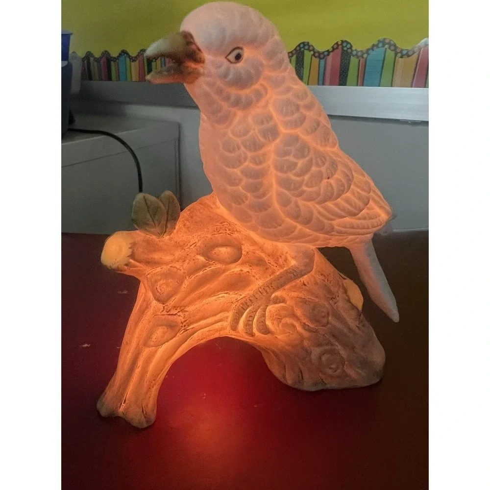 Ceramic Vintage White Bird Perched On Branch Figurine With Light Bulb‎ And Cord